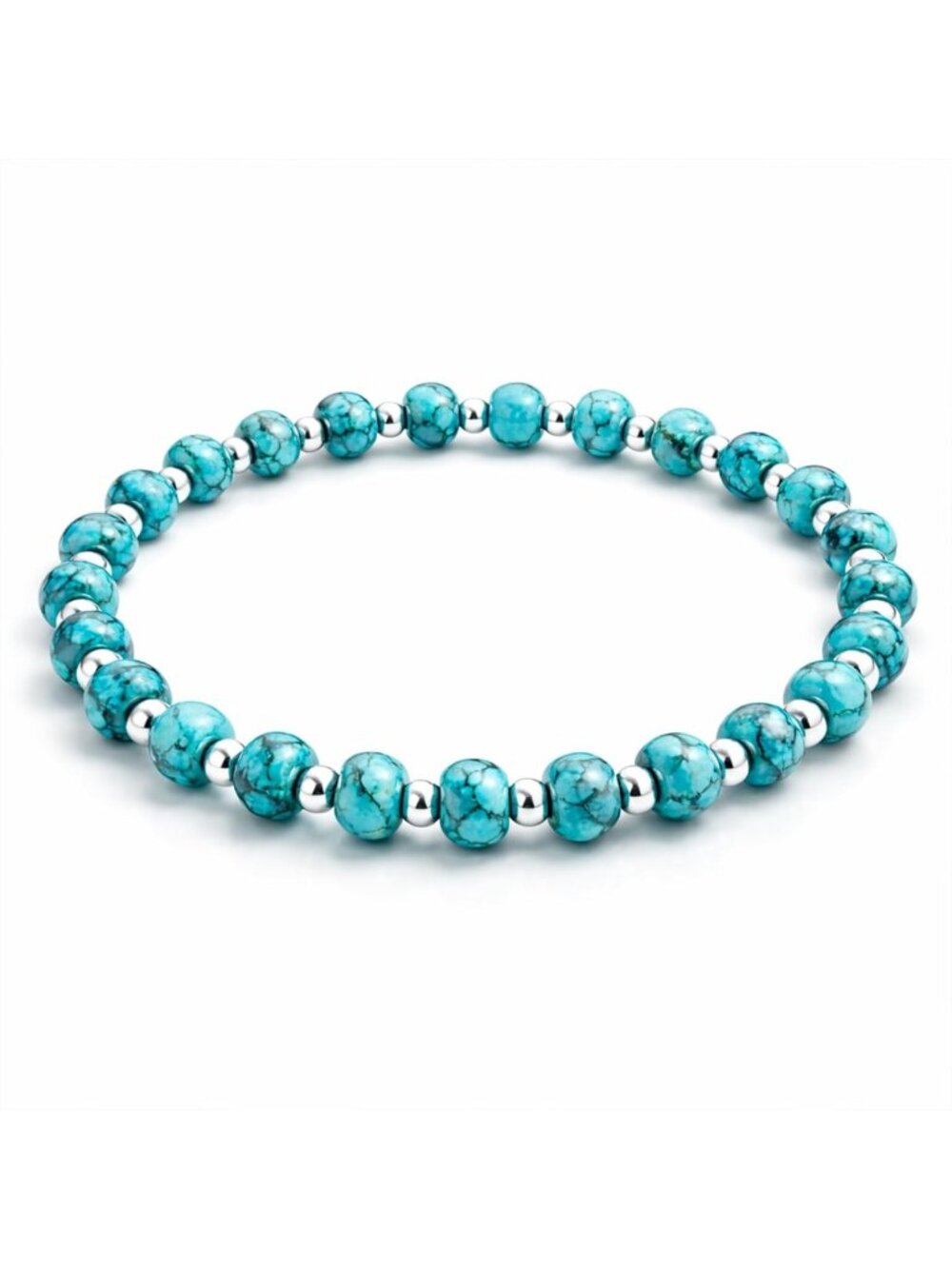 Genuine Turquoise Beaded Stretch Bracelet in 925 Sterling Silver - Boho Chic